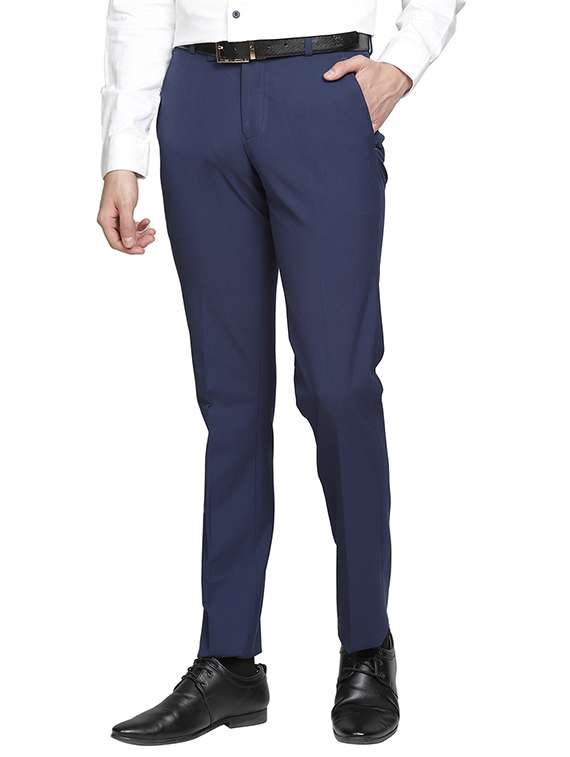 navy blue solid flat front trousers formal trouser