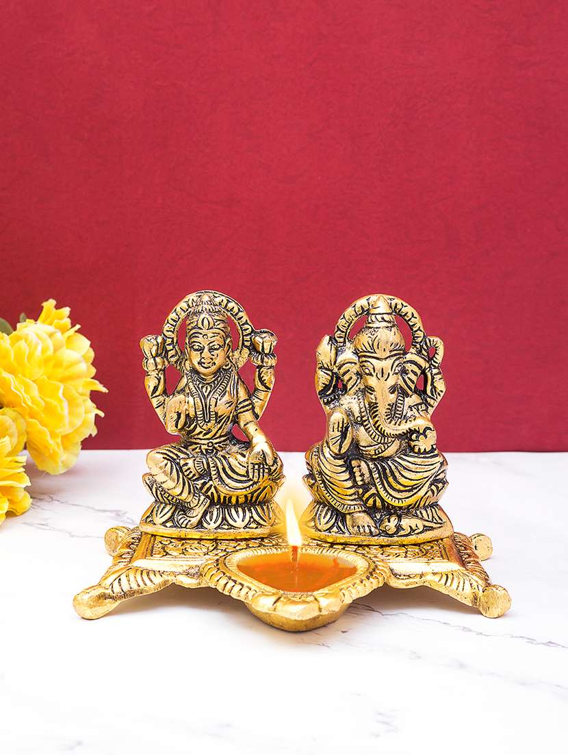 gold-toned lord lakshmi & ganesha decorative diya showpiece