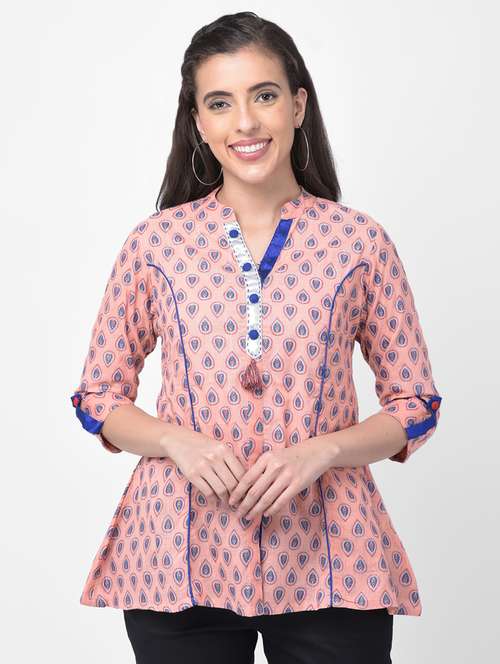 mandarin neck printed a-line kurti - 17398512 - Standard Image - 0