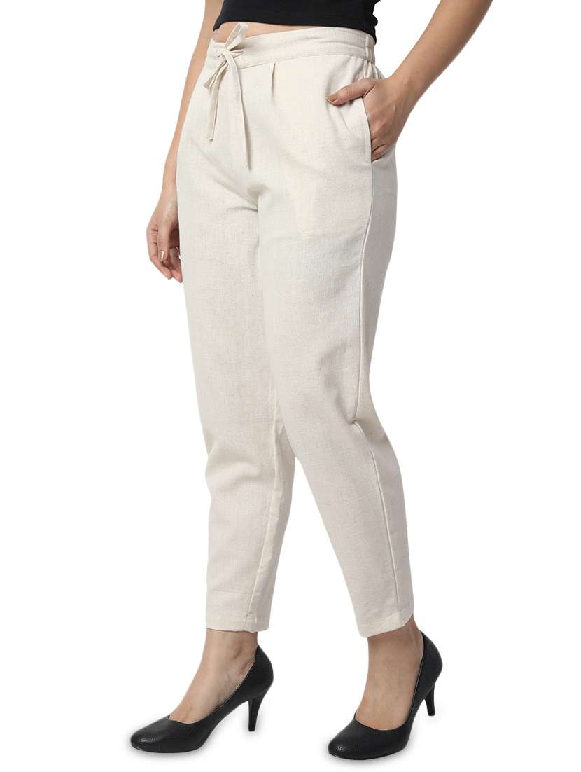 women solid off white pleated trouser - 17398735 -  Standard Image - 1