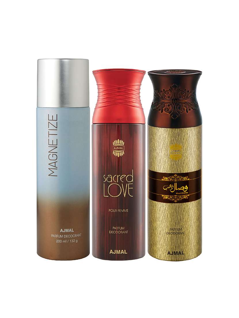 ajmal 1 magnetize for unisex,1 sacred love for women,1 wisal dhahab for men deodorants combo pack of 3(total 600ml)+3 testers