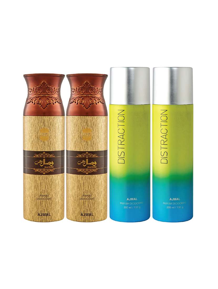 ajmal 2 wisal dhahab for men and 2 distraction for unisex  deodorants each 200ml combo pack of 4 (total 800ml) + 3 testers