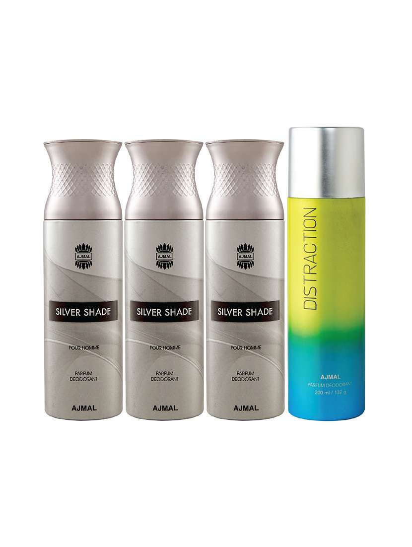 ajmal 3 silver shade for men and 1 distraction for unisex  deodorants each 200ml combo pack of 4 (total 800ml) + 3 testers