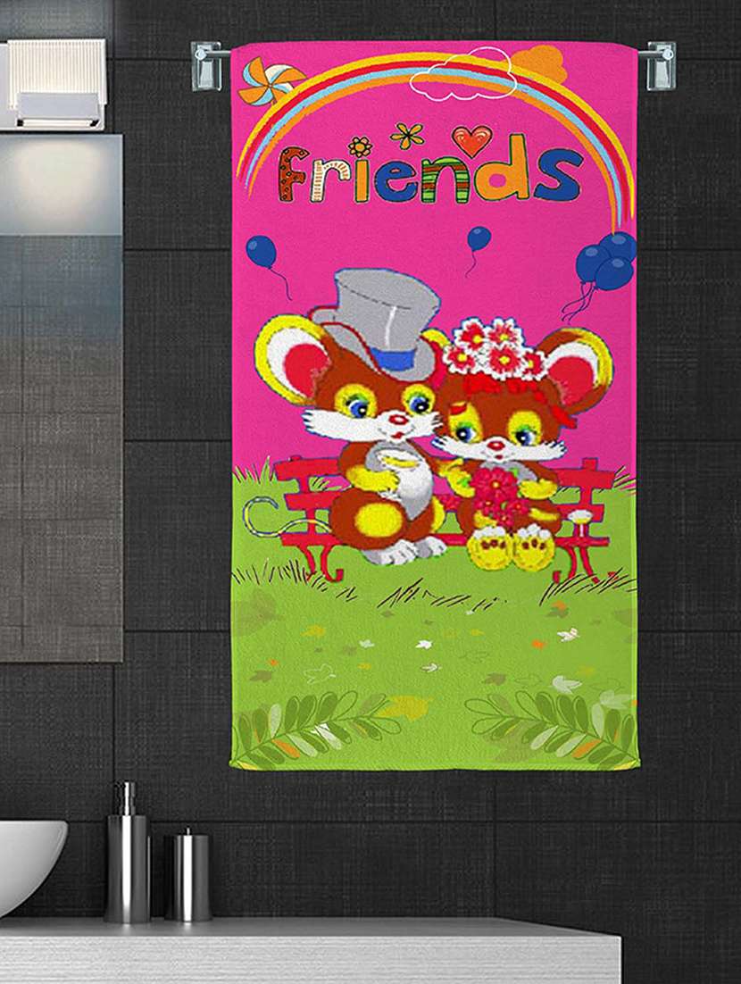 100% cotton 300 gsm kids cartoon bath towel for bathroom set of 1pc, multicolor, 58 cm x 116 cm - color -friends pink