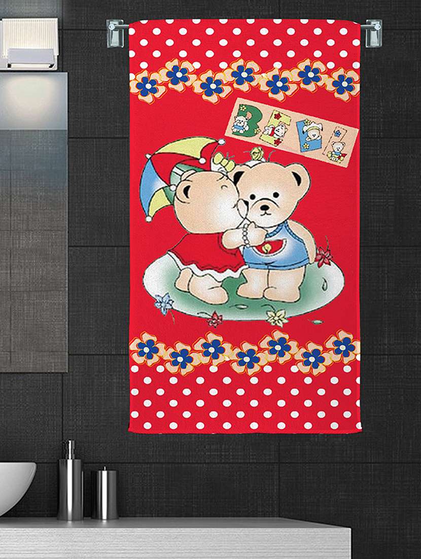 100% cotton 300 gsm kids cartoon bath towel for bathroom set of 1pc, multicolor, 58 cm x 116 cm - color - red teddy