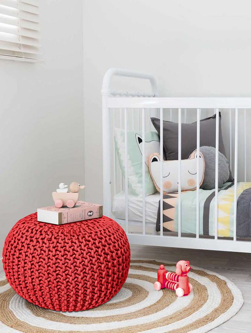 sheen décor knitted round pouffe in red color  size(17x17x16 inches)