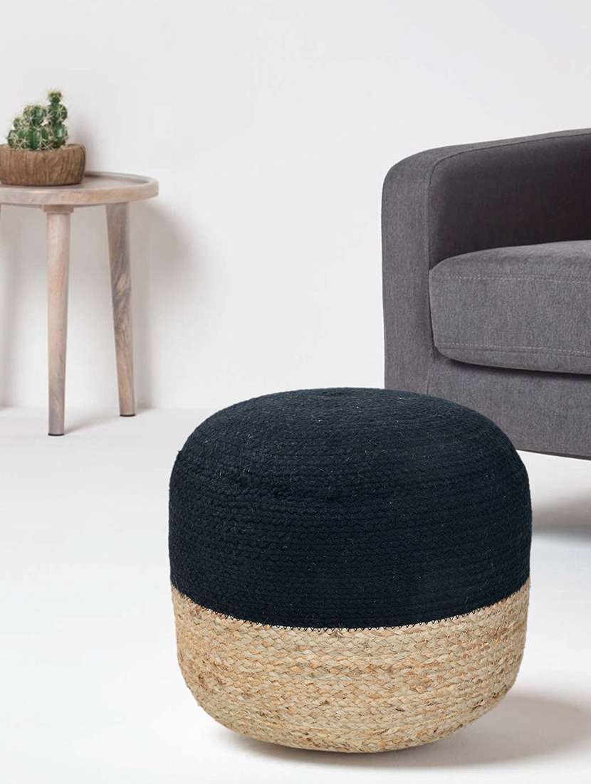 sheen décor jute  round pouffe in natural and black color  size(16x16x14 inches)