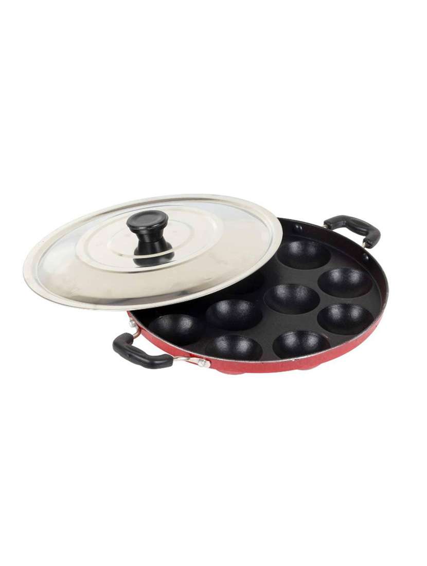 rasoi 12 cavity non-stick aliminium appam patra with 2 side handle and stainless steel lid