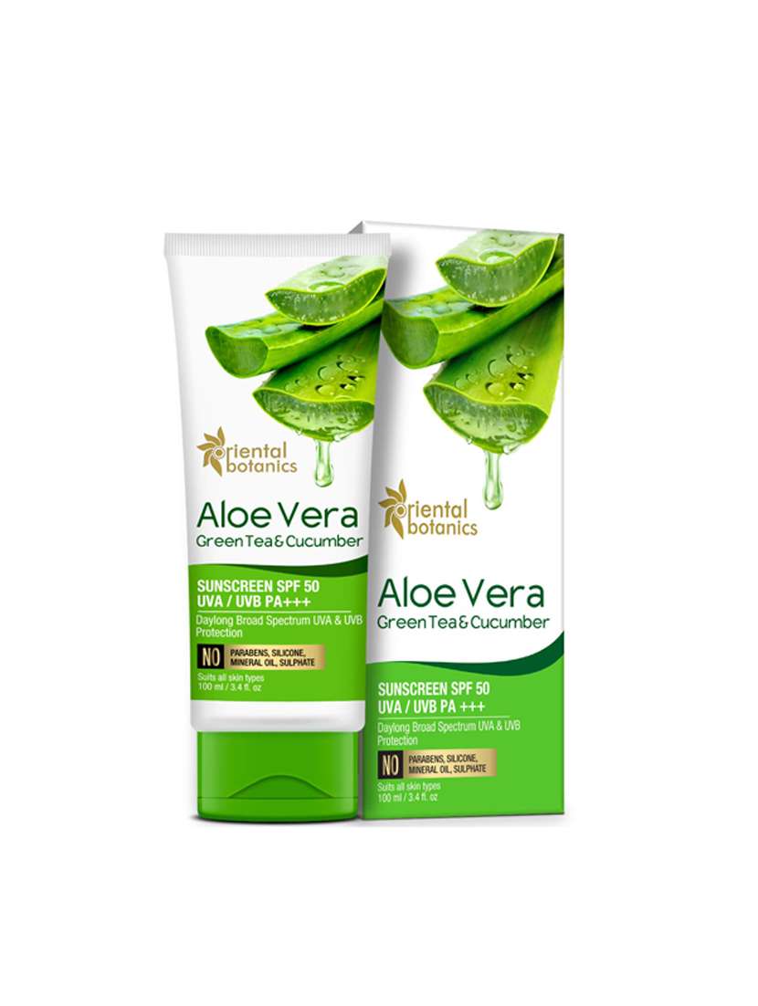 oriental botanics aloe vera, green tea & cucumber sunscreen spf 50 uva/uvb pa+++, 100ml