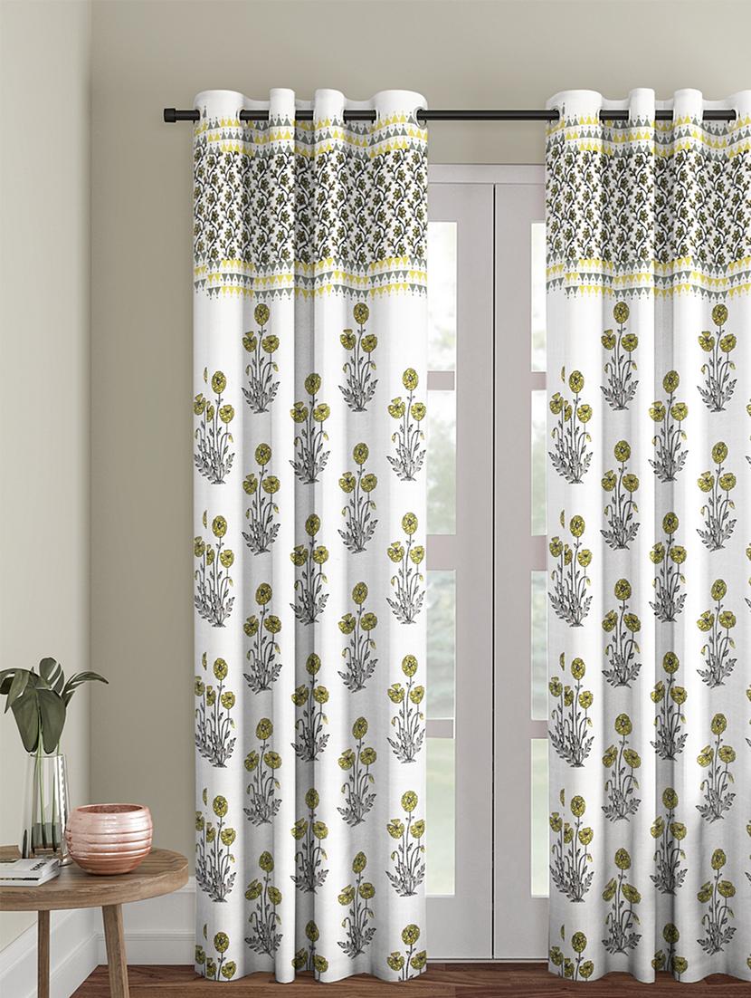  screen print cotton white and yellow floral long door curtain single pc 
