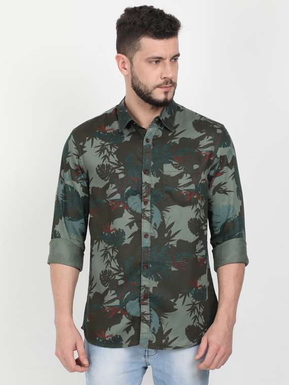 olive green printed casual shirt