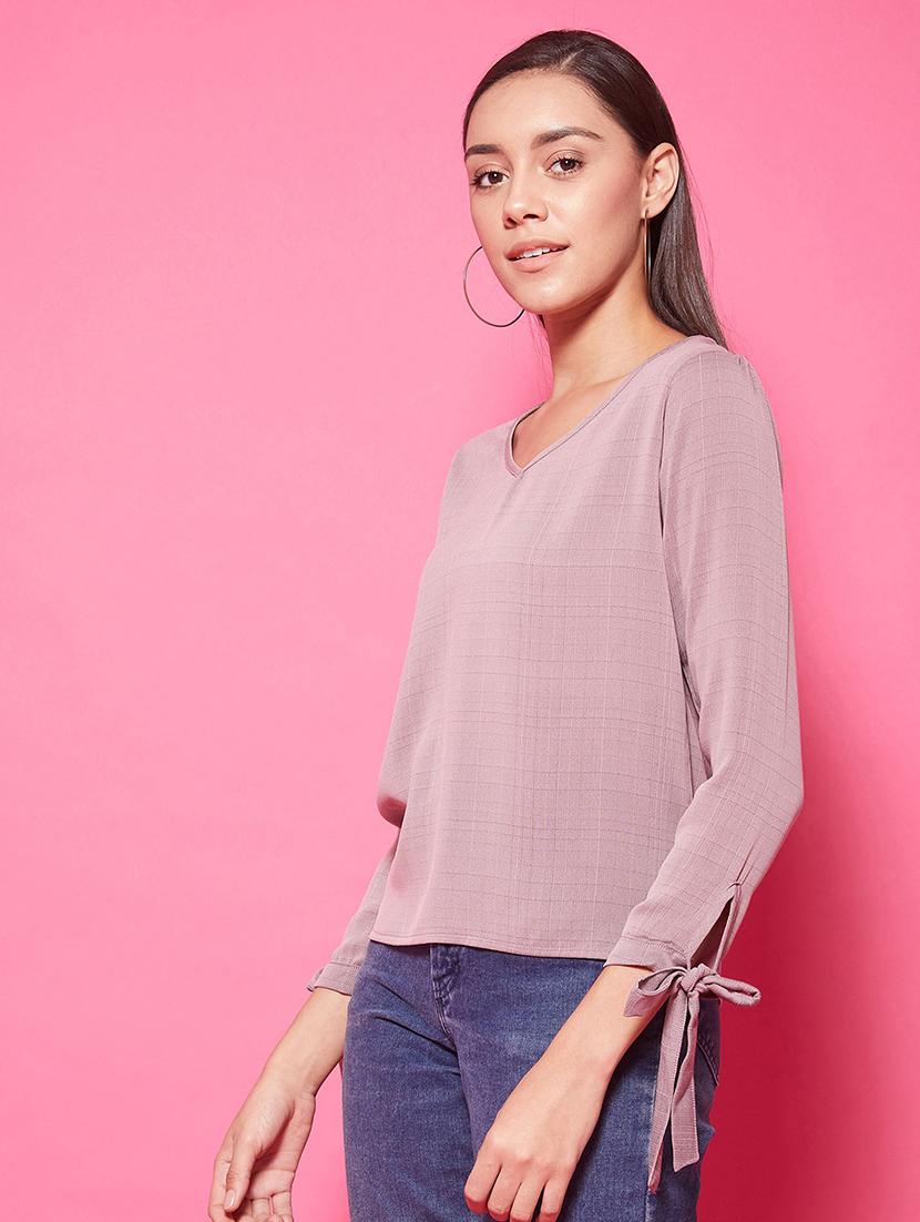 tie up sleeves checkered top - 17424528 - Standard Image - 1