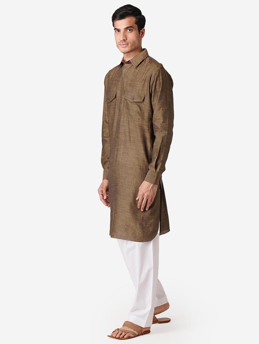 khaki cotton kurta pyjama ethnic wear set - 17424580 - Standard Image - 1