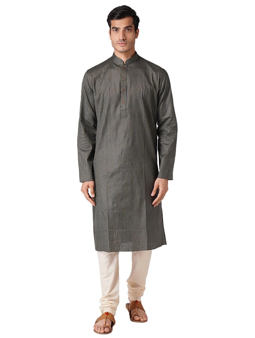 blackkhaki cotton kurta pyjama ethnic wear set - 17424590 - Zoom Image - 0