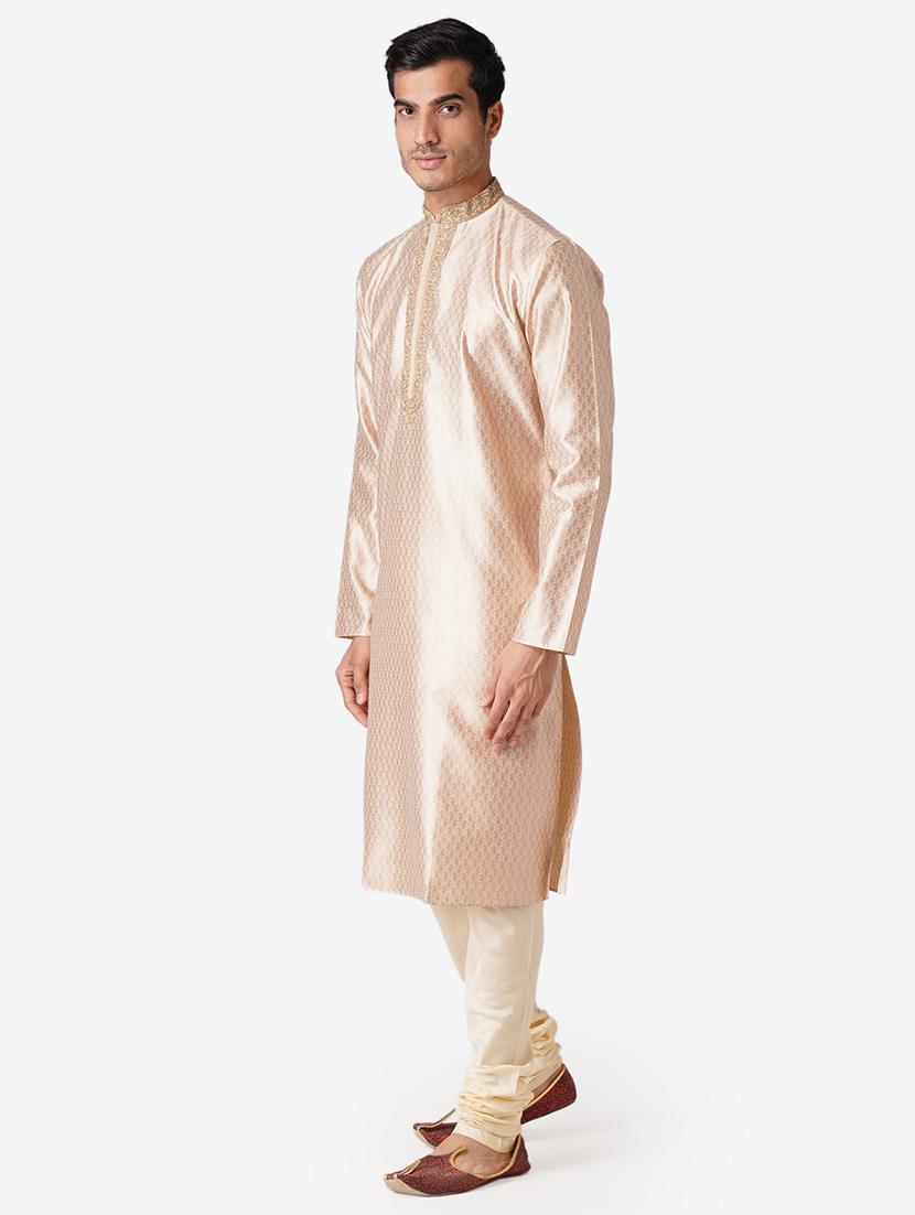 beige silk blend kurta pyjama ethnic wear set - 17424606 - Standard Image - 1