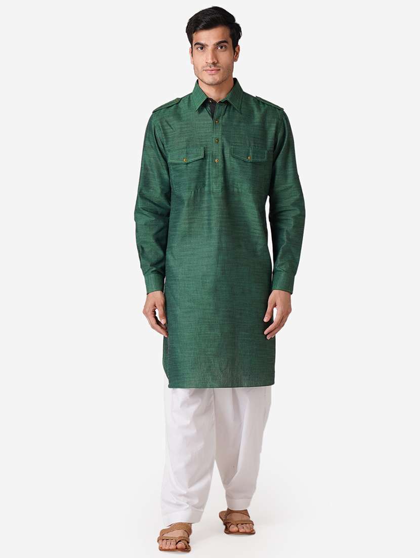 bottle green solid woven pathani kurta