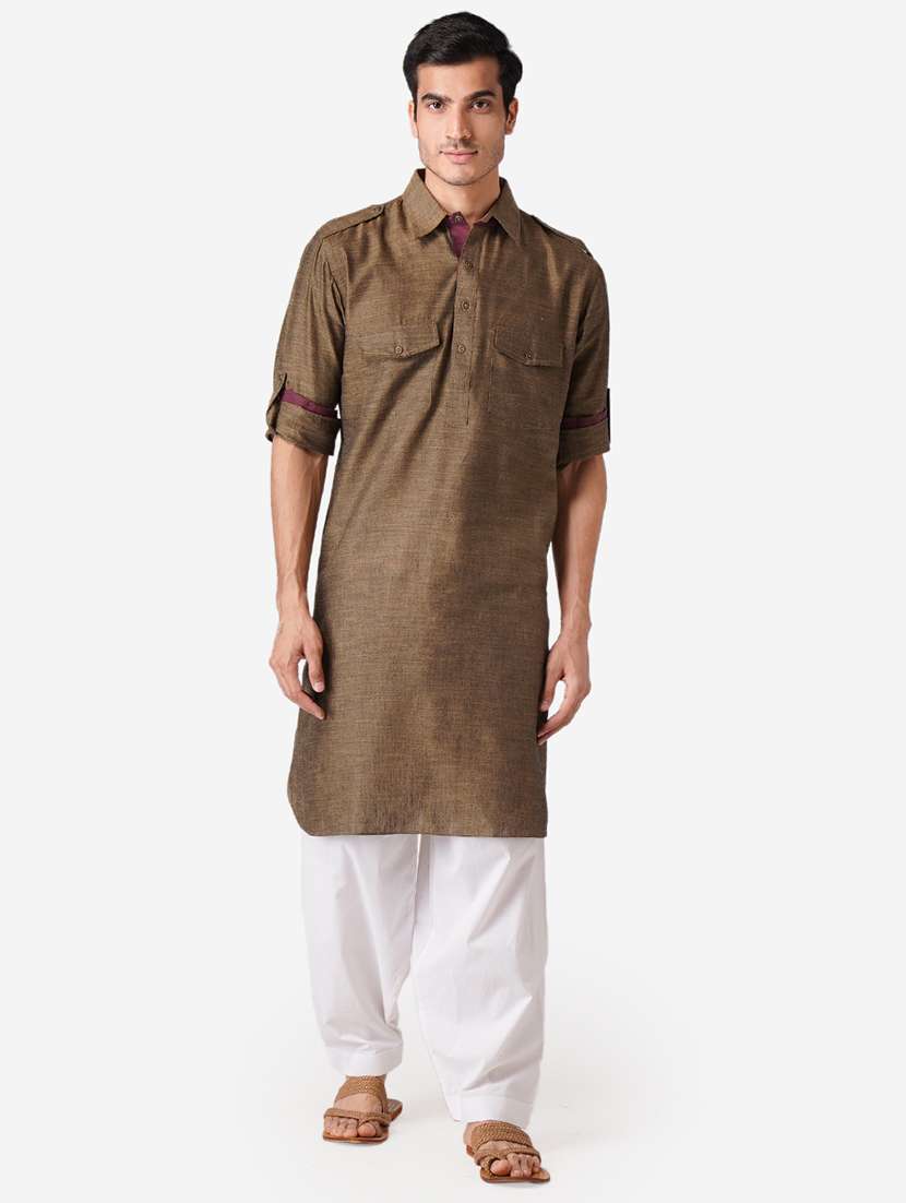 khaki solid woven pathani kurta