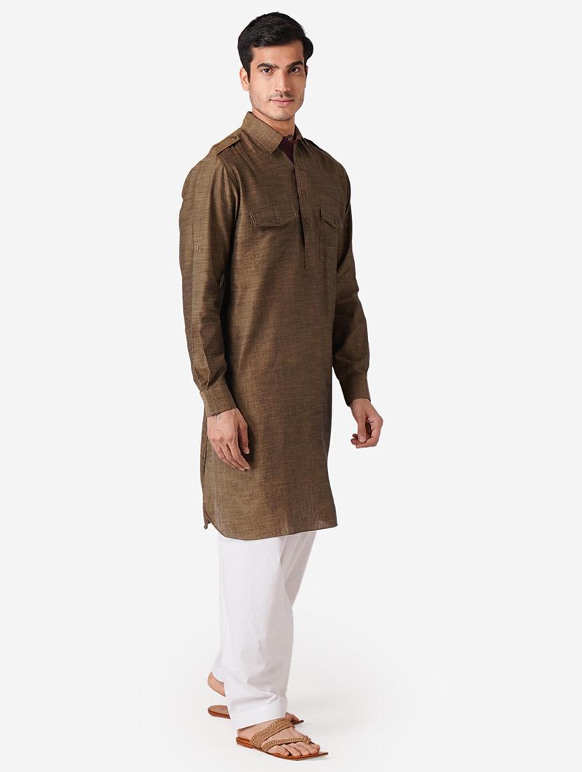 khaki solid woven pathani kurta - 17424627 -  Standard Image - 1