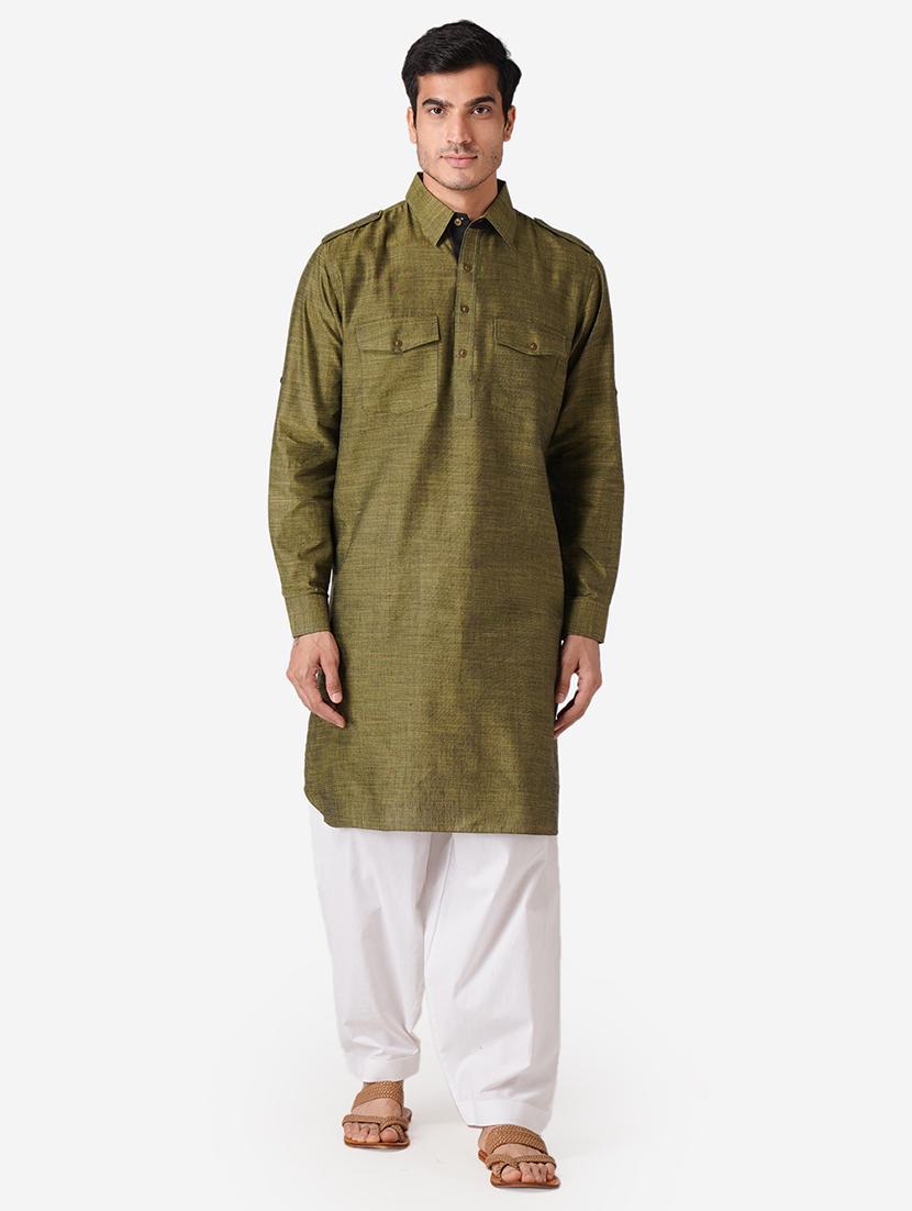 olive green solid woven pathani kurta - 17424629 -  Zoom Image - 0