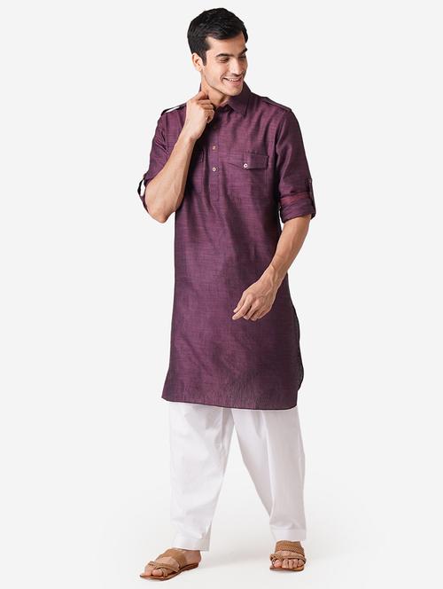 purple solid woven pathani kurta - 17424630 -  Standard Image - 0