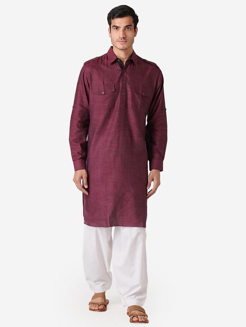 burgundy solid woven pathani kurta - 17424638 -  Standard Image - 0