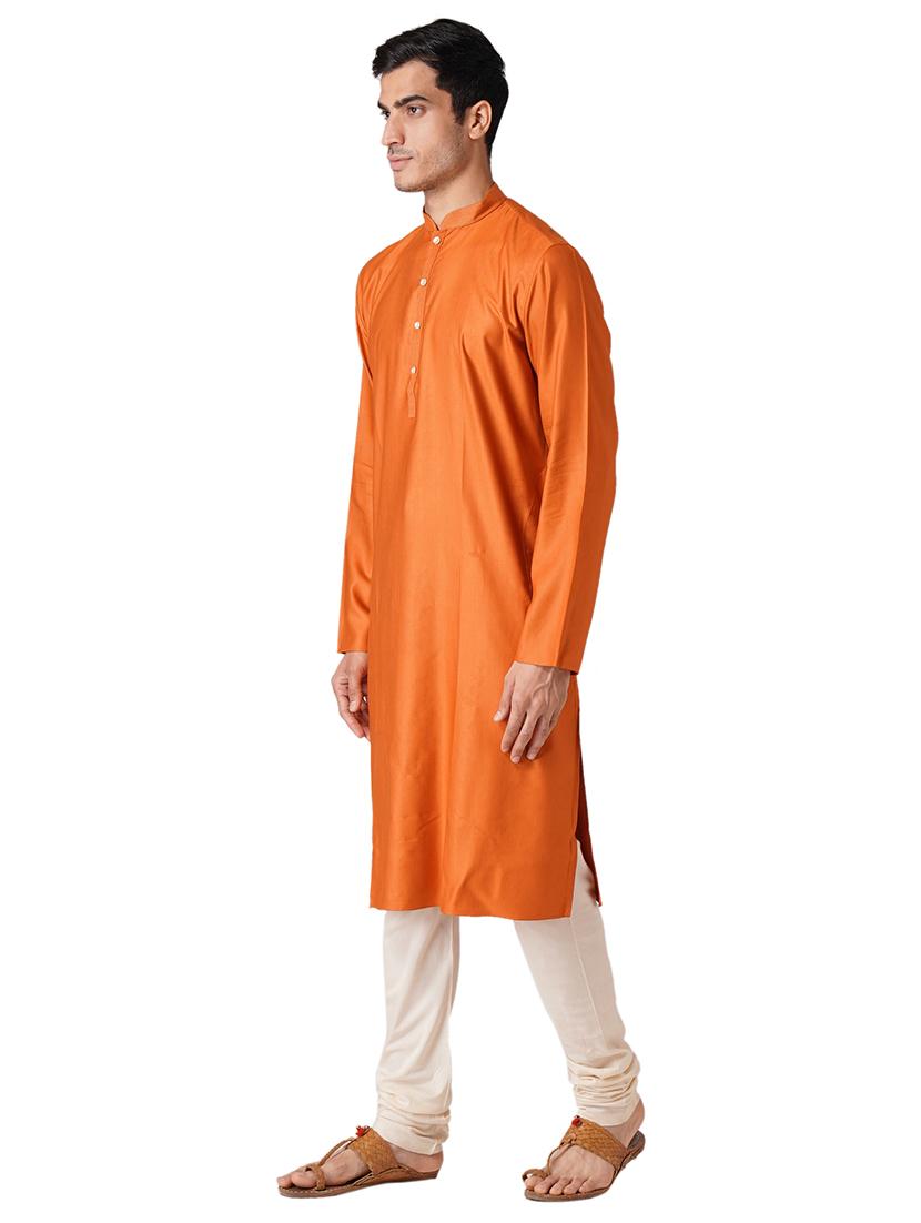 orange solid silk blend long kurta - 17424645 - Standard Image - 1