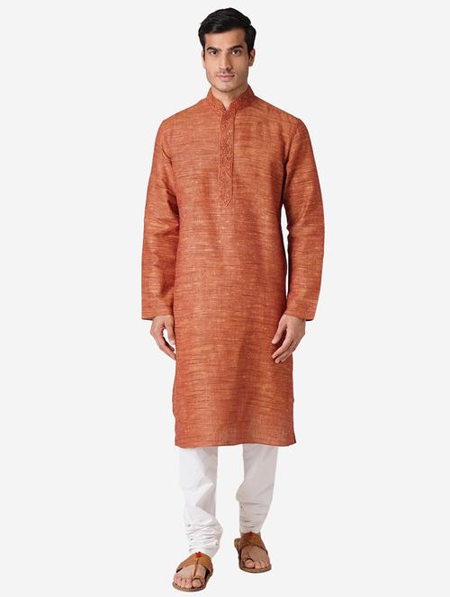 rust solid long kurta with embroidered neckline - 17424650 - Standard Image - 0