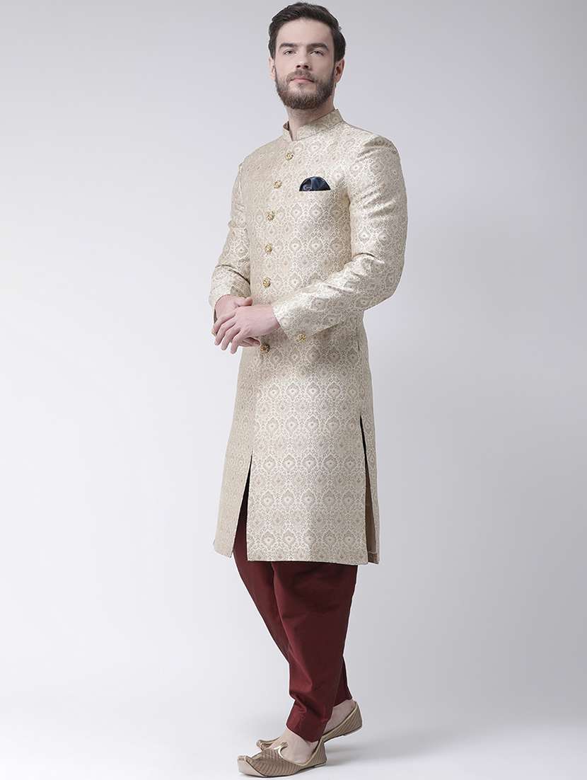 cream jacquard sherwani set - 17425292 -  Standard Image - 1