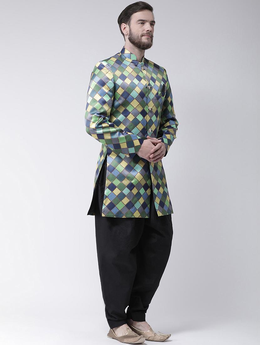 green checkered sherwani set - 17425301 - Standard Image - 1