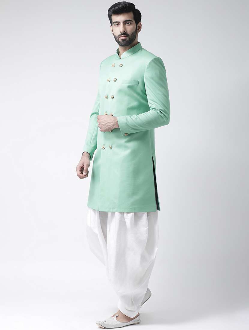 sea green solid sherwani set - 17425320 - Standard Image - 1