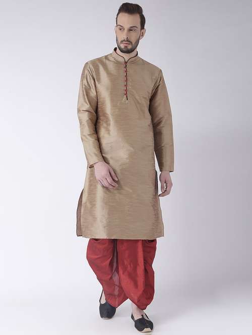 khaki solid dupion dhoti kurta set - 17425370 -  Standard Image - 0
