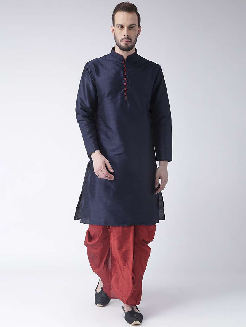 navy blue solid dupion dhoti kurta set
