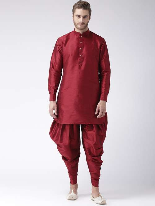 maroon solid dupion dhoti kurta set - 17425372 -  Standard Image - 0