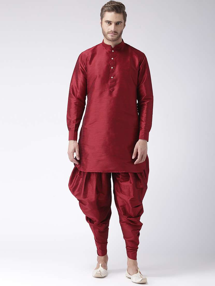 maroon solid dupion dhoti kurta set - 17425372 -  Zoom Image - 0
