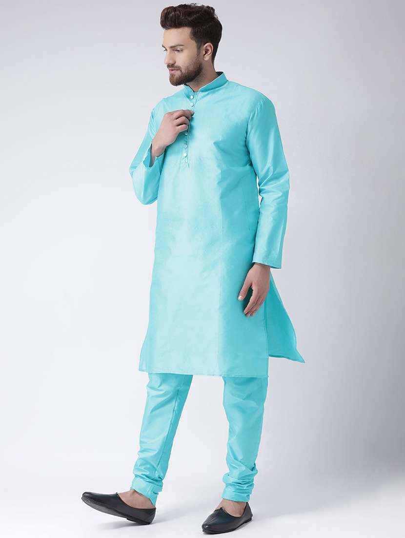 light blue solid silk blend kurta pyjama set - 17425400 -  Standard Image - 1