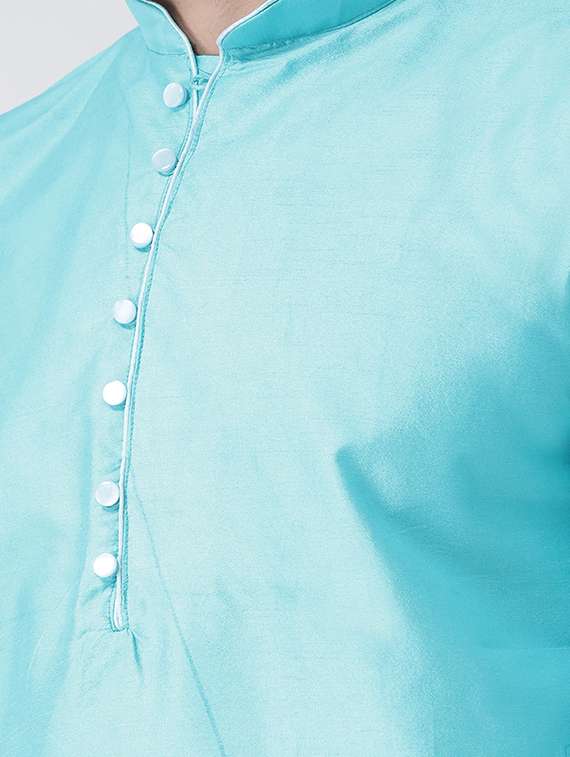 light blue solid silk blend kurta pyjama set - 17425400 - Standard Image - 4