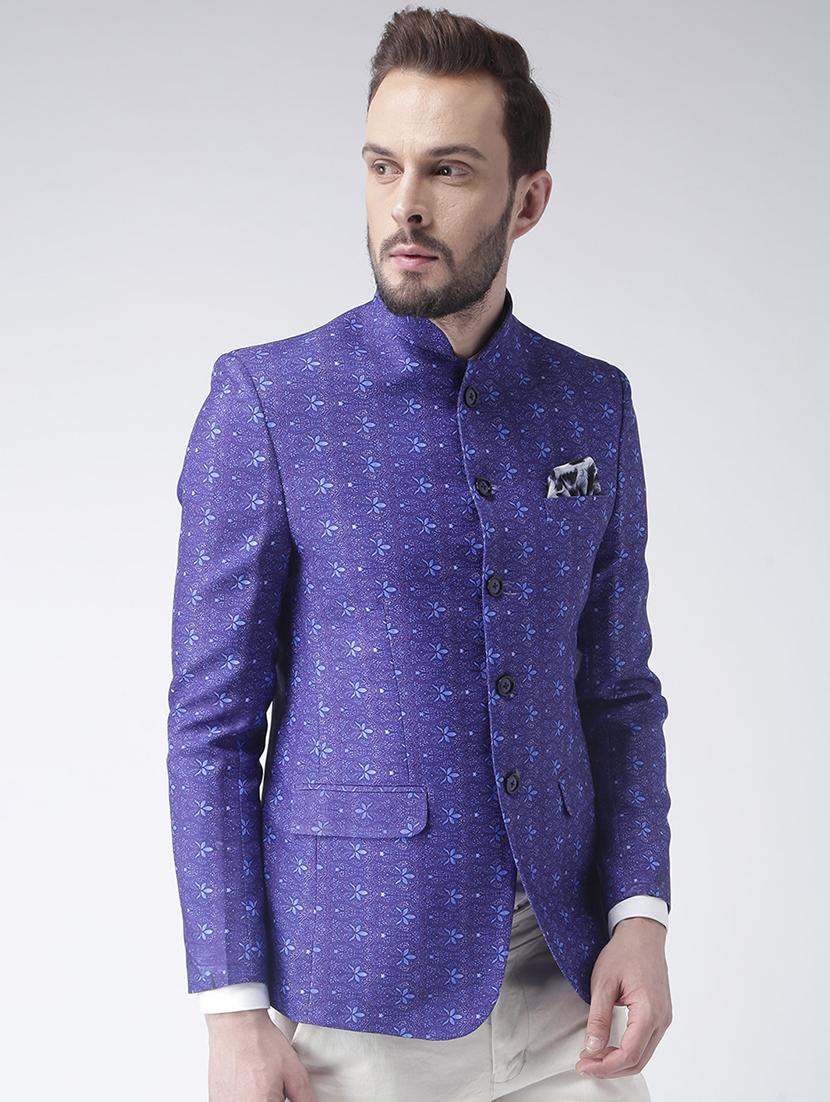 blue printed bandhgala casual blazer - 17425423 -  Standard Image - 1
