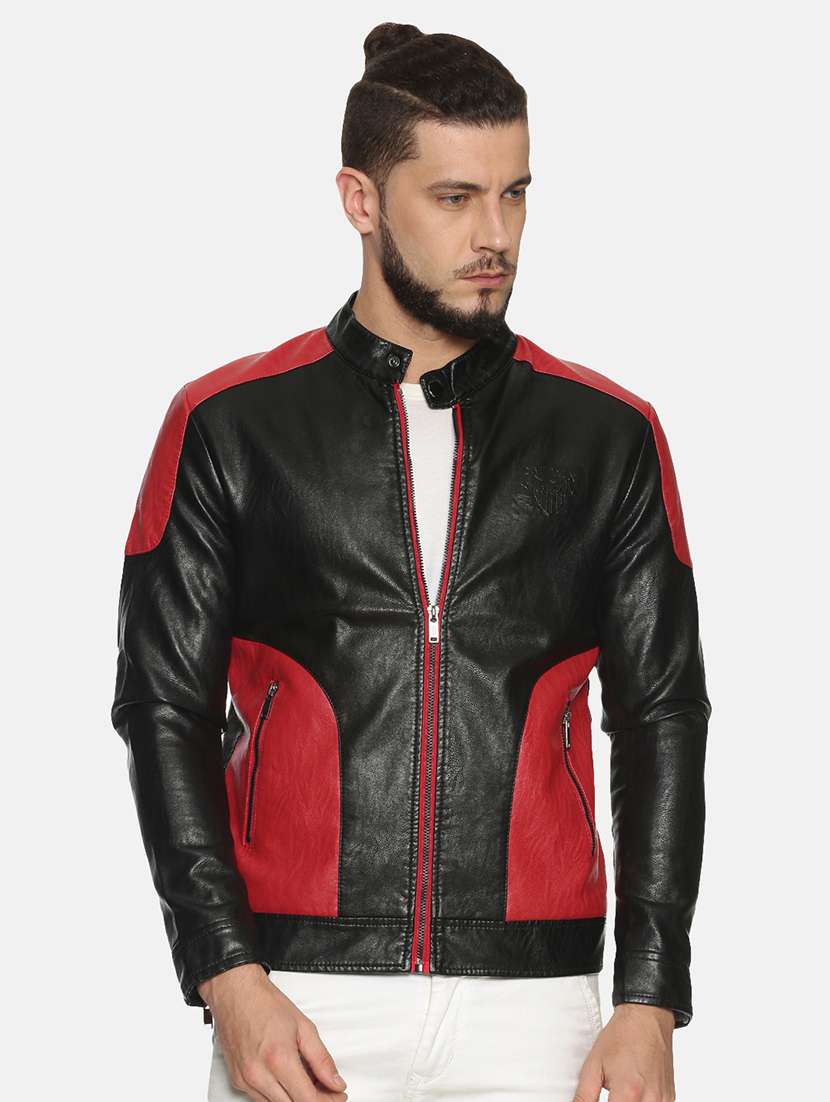 black color block pu biker jacket
