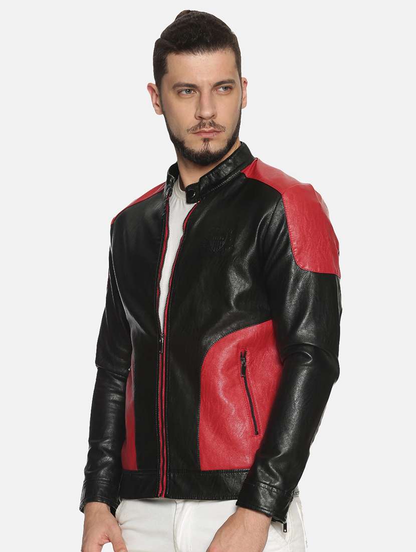 black color block pu biker jacket - 17427130 -  Standard Image - 1