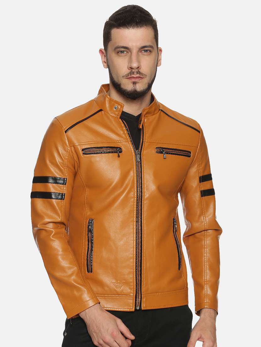 tan taped pu biker jacket