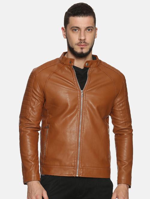 brown solid pu biker jacket - 17427160 - Standard Image - 0