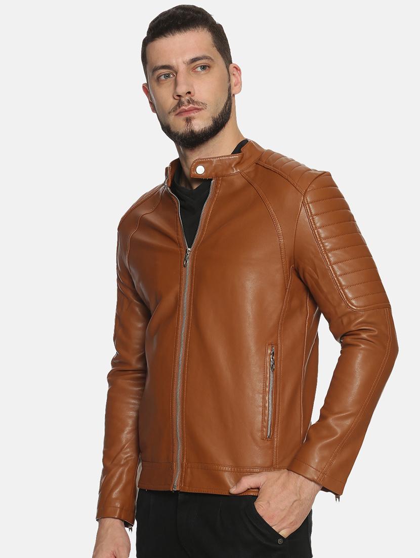 brown solid pu biker jacket - 17427160 - Standard Image - 1