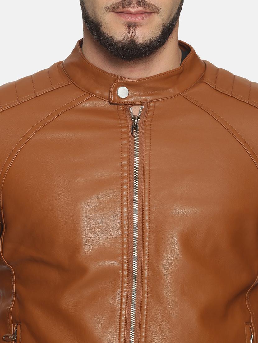 brown solid pu biker jacket - 17427160 - Standard Image - 4