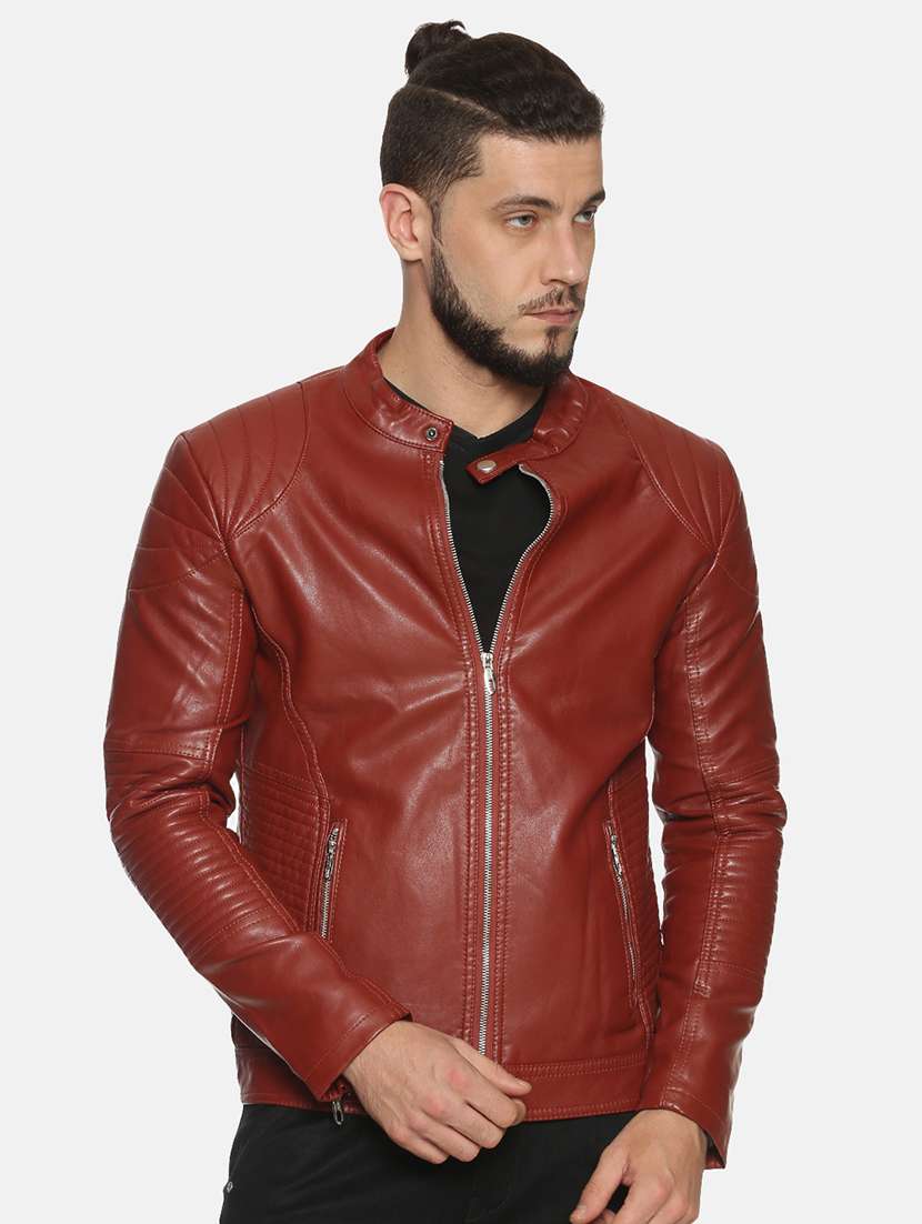 maroon solid pu biker jacket - 17427162 - Zoom Image - 0