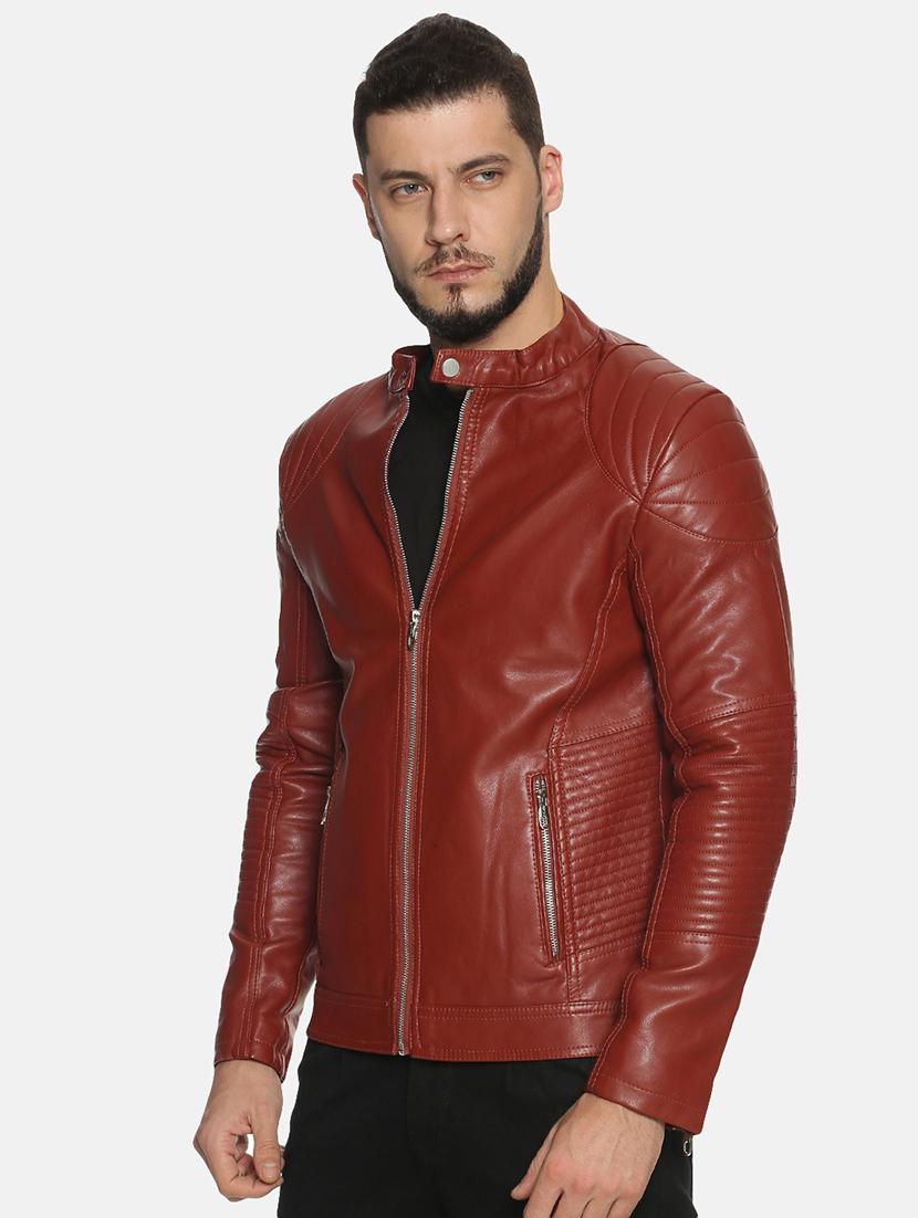 maroon solid pu biker jacket - 17427162 -  Standard Image - 1
