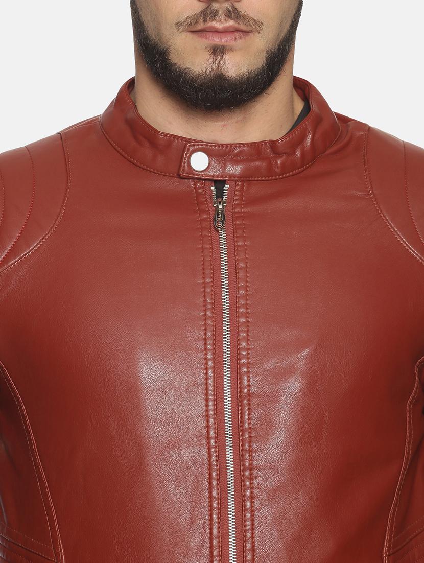 maroon solid pu biker jacket - 17427162 - Standard Image - 4