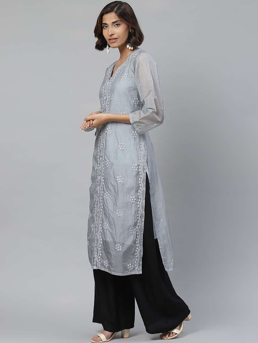ada hand embroidered grey kota straight kurta and slip with muqaish work - 17428063 -  Standard Image - 1