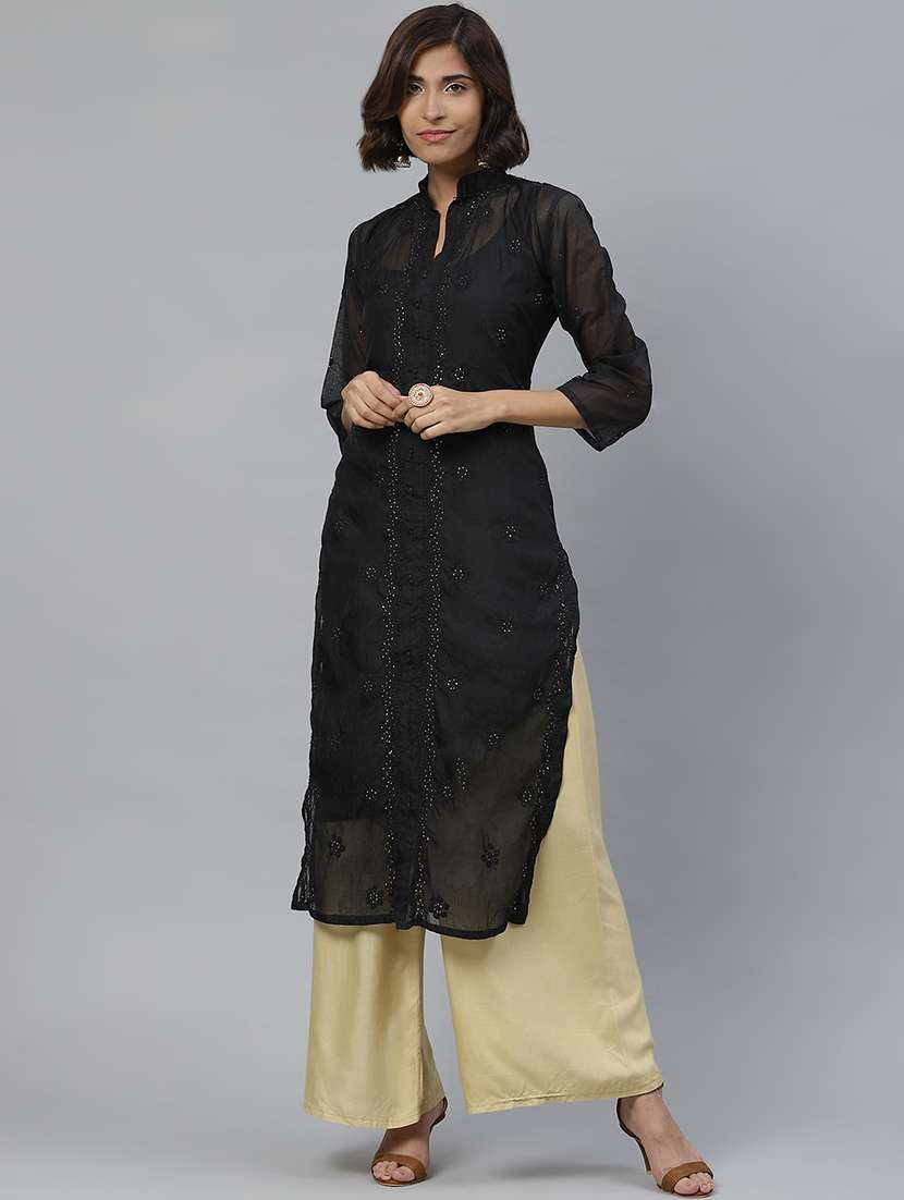 ada hand embroidered black kota straight kurta and slip with muqaish work