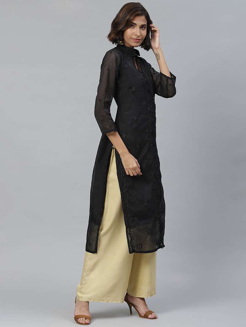 ada hand embroidered black kota straight kurta and slip with muqaish work - 17428064 -  Standard Image - 1