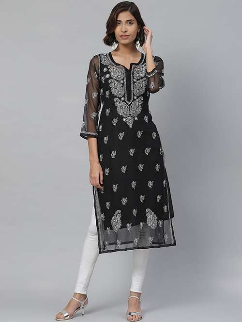 ada hand-embroidered black georgette chikankari straight kurta - 17428067 - Standard Image - 0